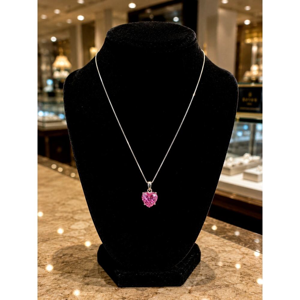 925 Italy Sterling Silver Pink Heart CZ Pendant Necklace Heart Cut Pink Stone